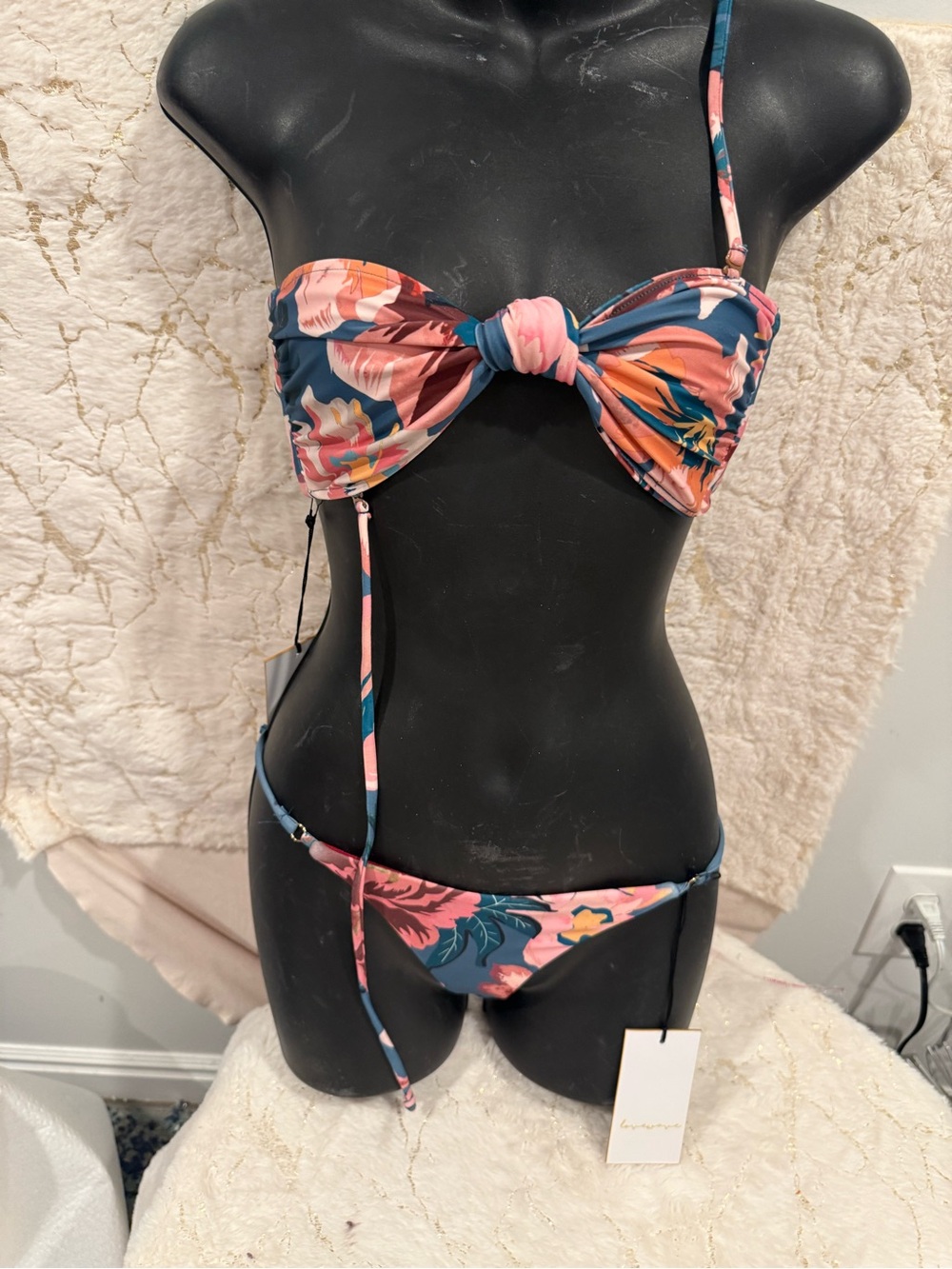 Lovewave Women’s Floral Bikini Set XS Knot Front Bandeau Top Blue Pink NWT